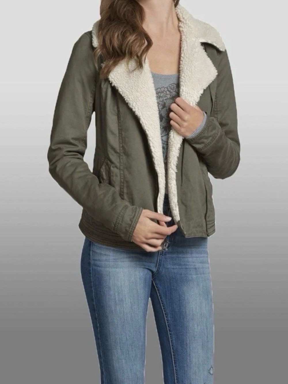 Hollister Y2K Malaga Beach Sherpa Collar Moto Bomber Jacket Olive Green WMNS L/G